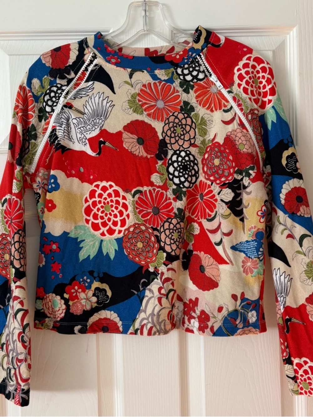 Carven Multicolor Floral Crane Print Pullover with Zipper Detail